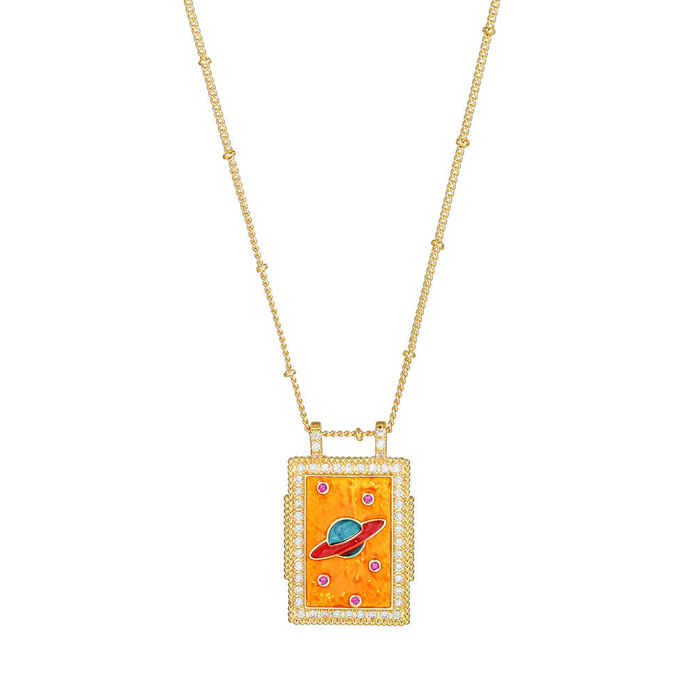 Geometric Gold Plated Brass Drip Oil Cubic Zirconia Inlay Tarot Necklace with Cable Chain