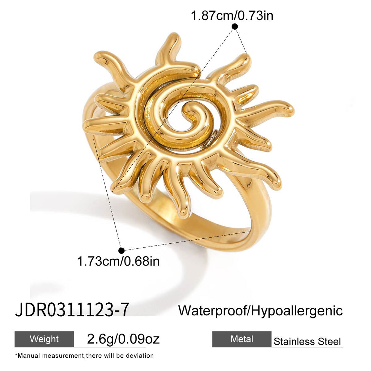 Fashion Geometric Sun 18K Gold Plated Stainless Steel Ring for Women
