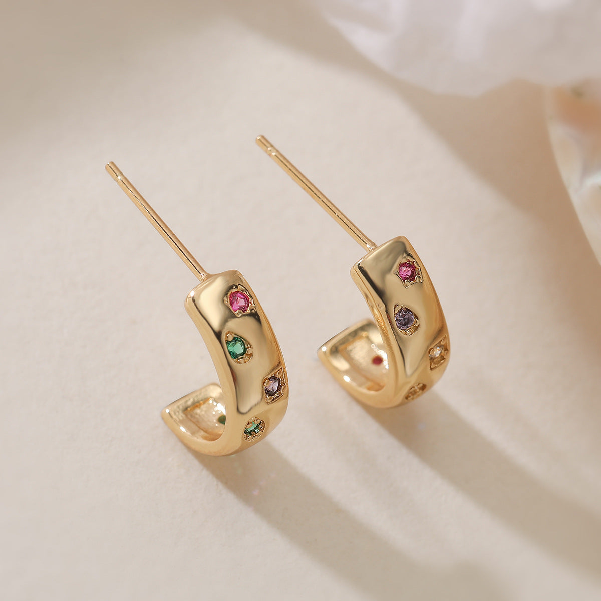 Minimalist Geometric C-Shaped Zirconia Stud Earrings for Women with 18K Gold Plated Posts and Micro-Pave Setting