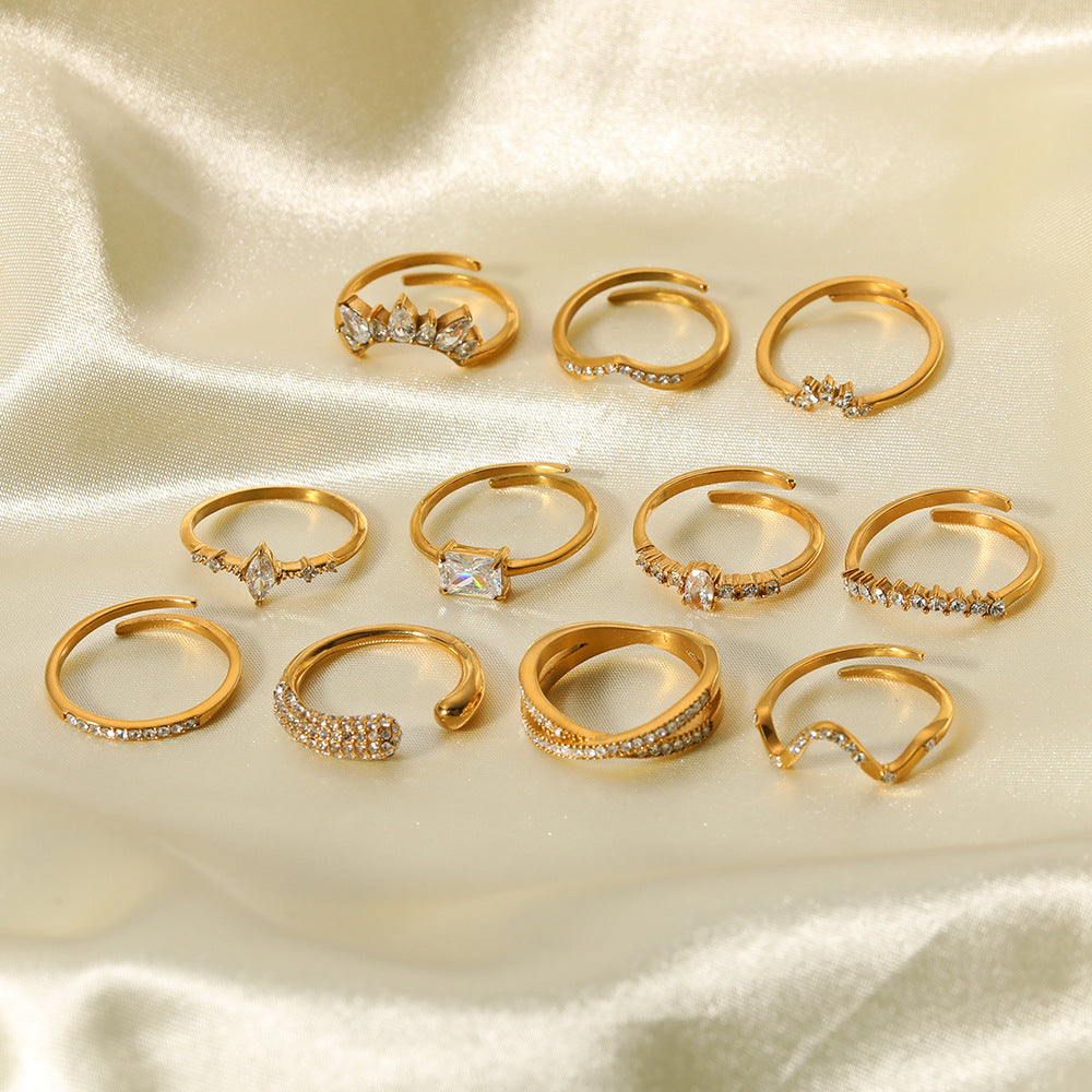 Minimalist French-Inspired Geometric Crown-Shaped Stainless Steel Ring with Zircon Inlay and 18K Vacuum Gold Plating for Women