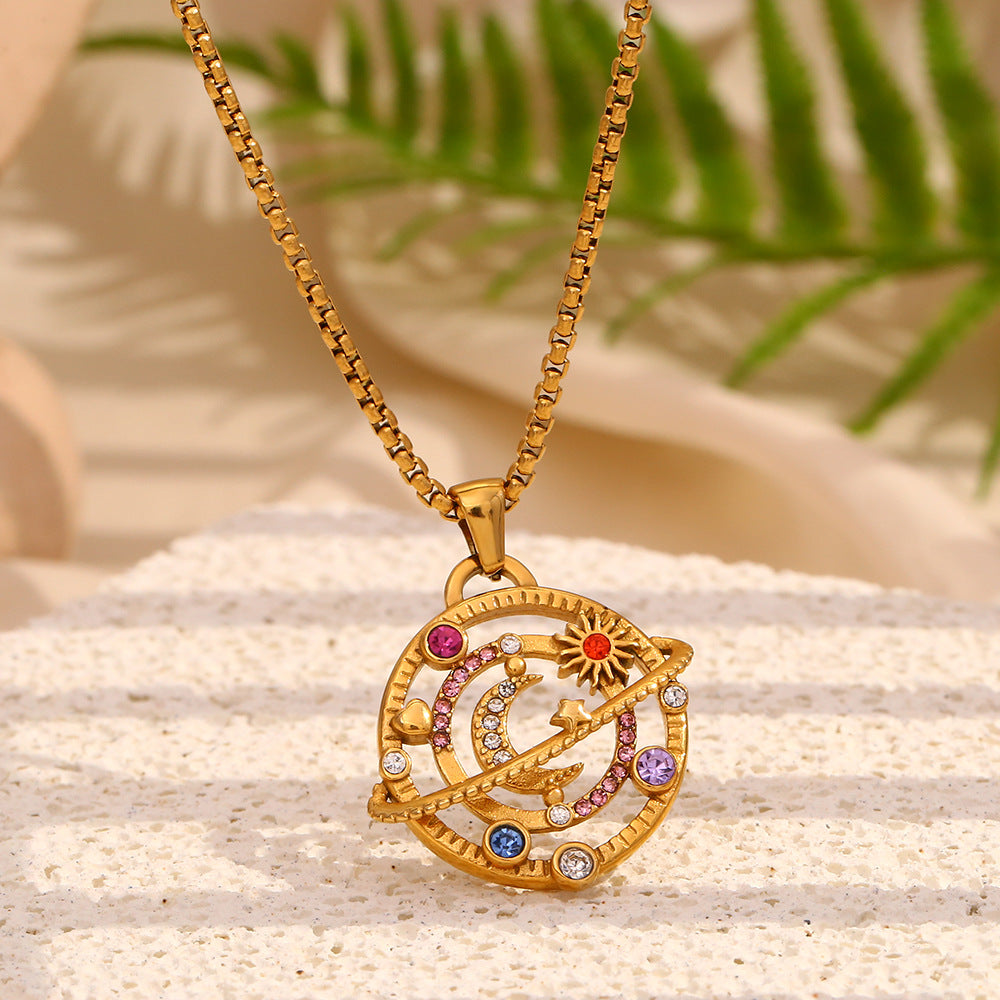Minimalist Geometric Compass Pendant Necklace for Women in Stainless Steel with 18K Gold Plating and Colorful Rhinestones
