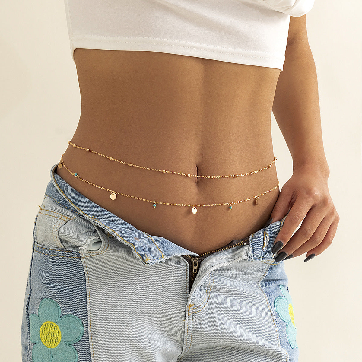 Vintage Ethnic Hip-hop Polished Alloy Body Chain with Turquoise Inlay and Tassel for Women