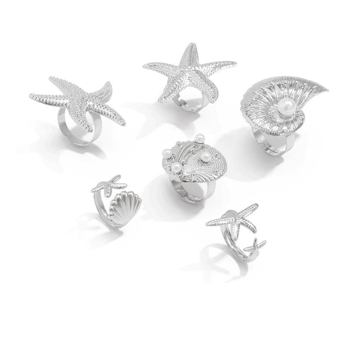Tropical Starfish and Seashell Alloy Ring with Plated Finish for Women, Geometric and Animal-Shaped Statement Jewelry