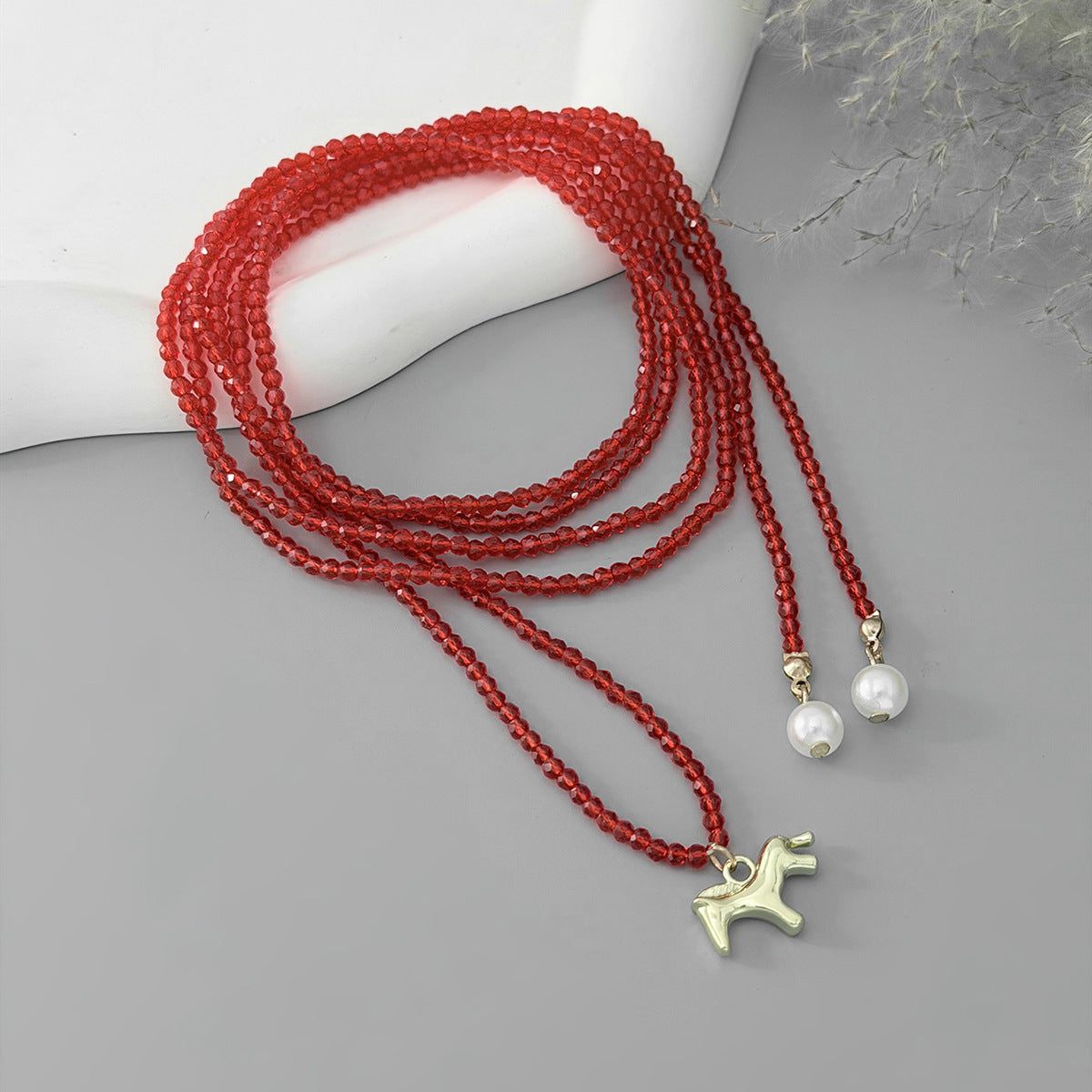 Fashionable Multi-layer Crystal Beaded Necklace with Horse and Pearl Pendant for Women