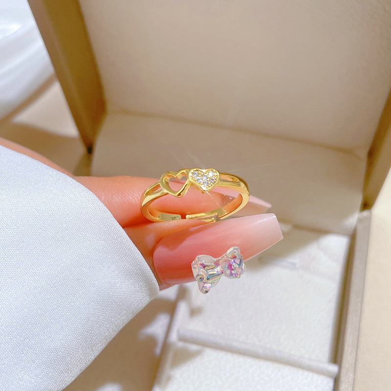 Cute Minimalist Hollow Heart Adjustable Ring in Brass with Gold Plating for Women