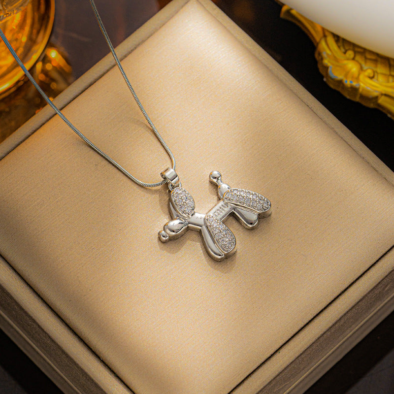 Cute Balloon Dog Pendant Necklace for Women in Titanium Steel with Rhinestone Inlay, Minimalist Korean Style Snake Chain Choker