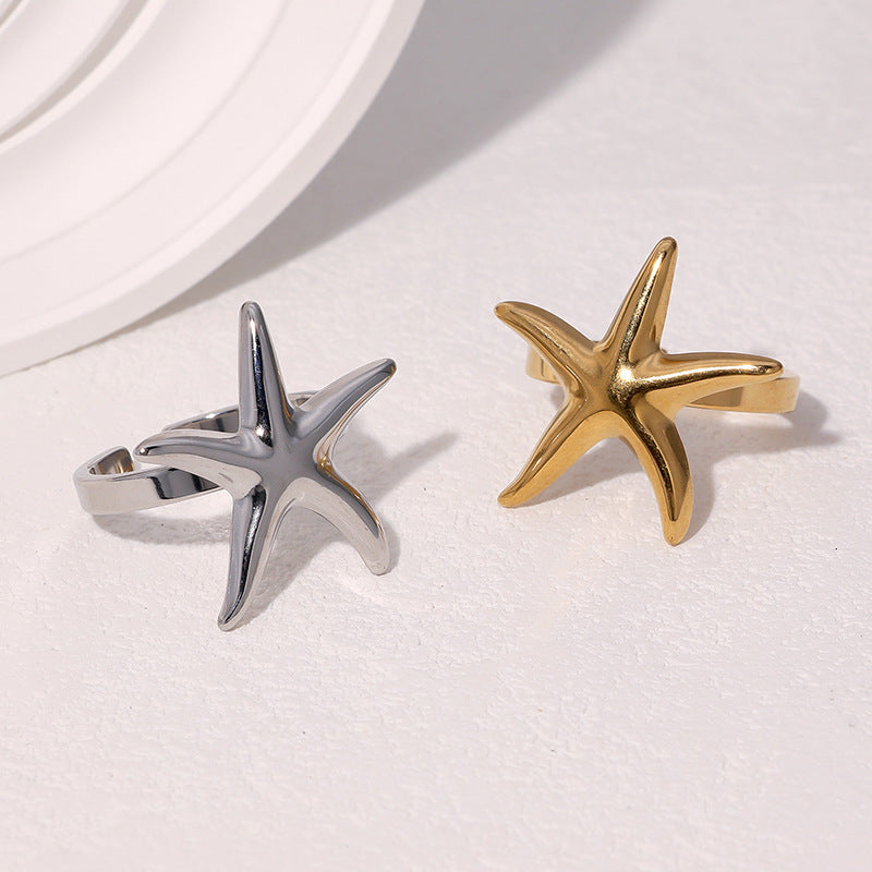 Minimalist 18K Gold Plated Stainless Steel Starfish Open Adjustable Ring for Women
