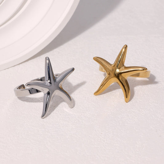 Anillo abierto ajustable minimalista de acero inoxidable con baño de oro de 18 quilates y diseño de estrella de mar para mujer