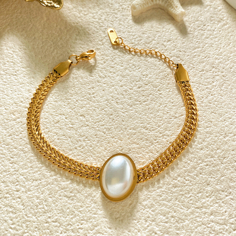 Plated Titanium Steel Curb Chain Bracelet with Pearl Inlay Unisex