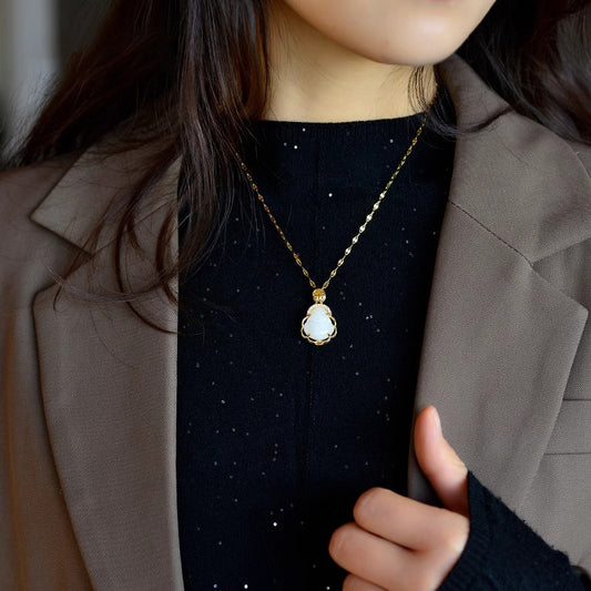 Minimalist Carved White Jade-Inspired Buddha Pendant Necklace for Women Titanium Steel Snake Chain with Rhinestone Inlay and Polished Finish