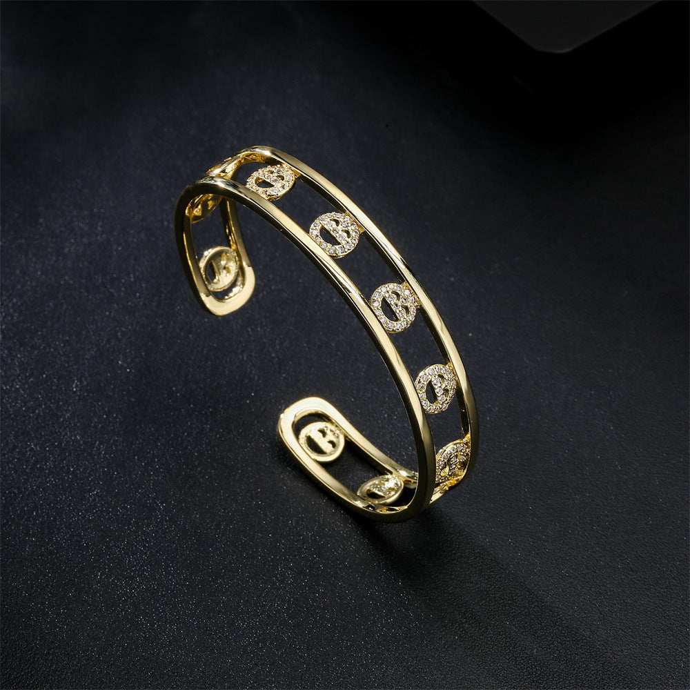 18K Gold Plated Brass Bangle with Micro-set Cubic Zirconia Hollow Design for Women