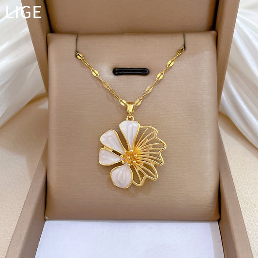 Sweet Elegant Floral Drip Oil Rhinestone Pendant Necklace Titanium Steel Cable Chain