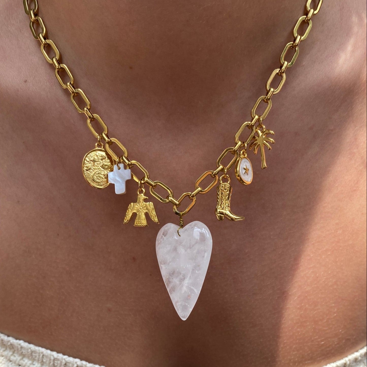 Minimalist 18K Gold Plated Stainless Steel Heart Star Charm Bar PVD Cable Chain Necklace Unisex