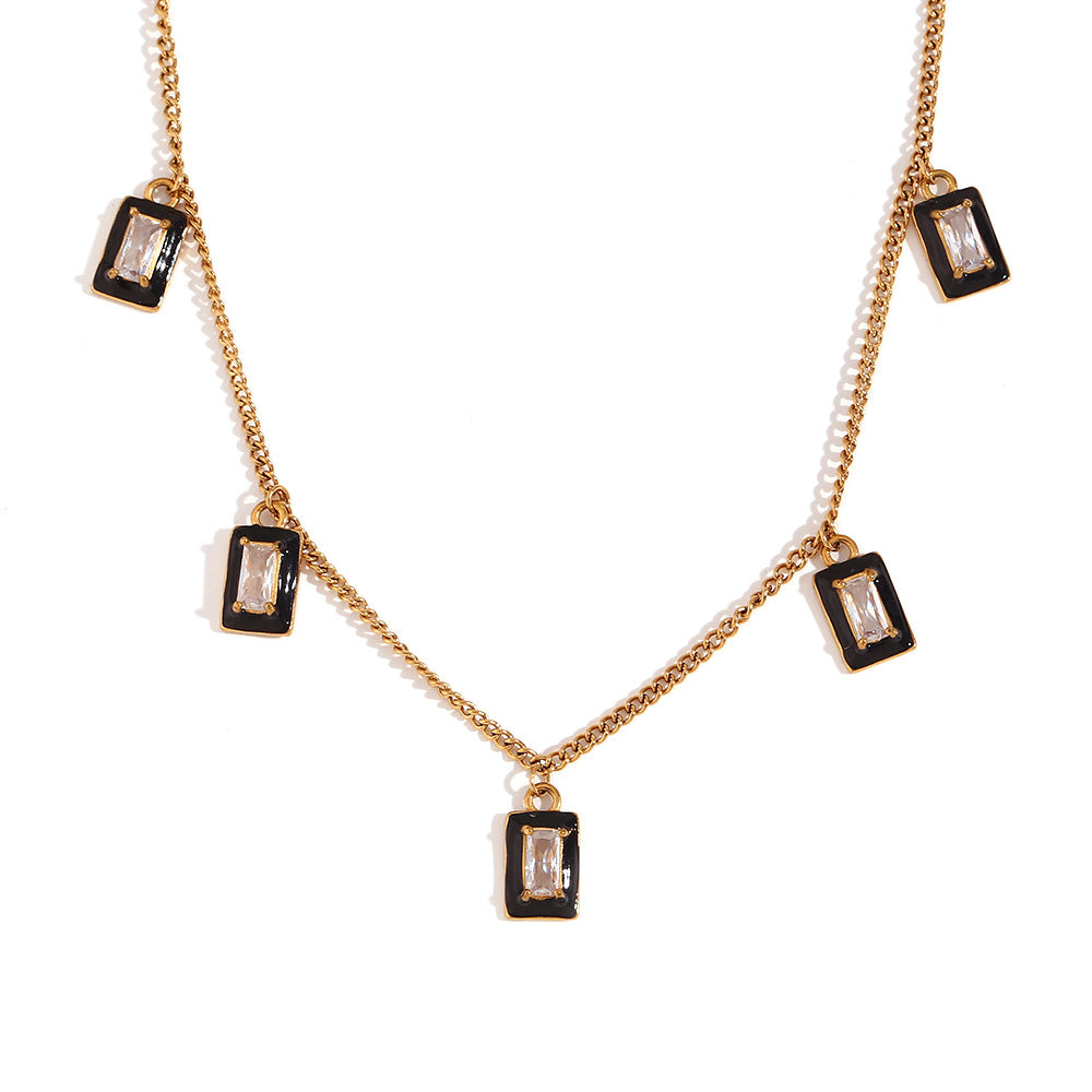 Fashionable Geometric Rectangular Stainless Steel Gold-Plated Pendant Necklace with Zircon Inlay and Enamel Finish for Women