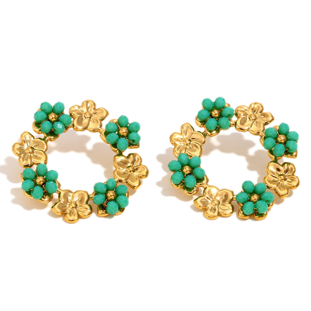 Vintage-Inspired Floral Round Hoop Earrings for Women in Stainless Steel with 18K Gold Plating