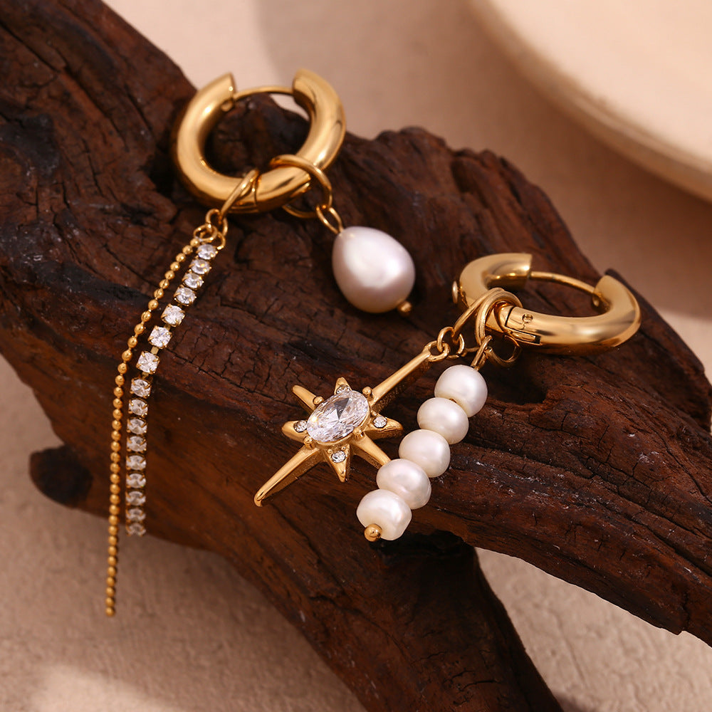 Asymmetrical Geometric Stainless Steel Earrings with Freshwater Pearl and Zircon Star Pendant for Women