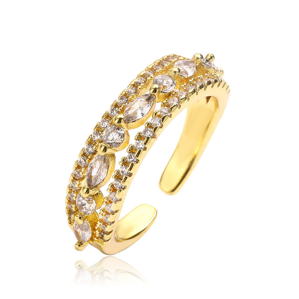 Minimalist Geometric Open Ring for Women Made of Brass with Real Gold Plating and Zircon Inlay