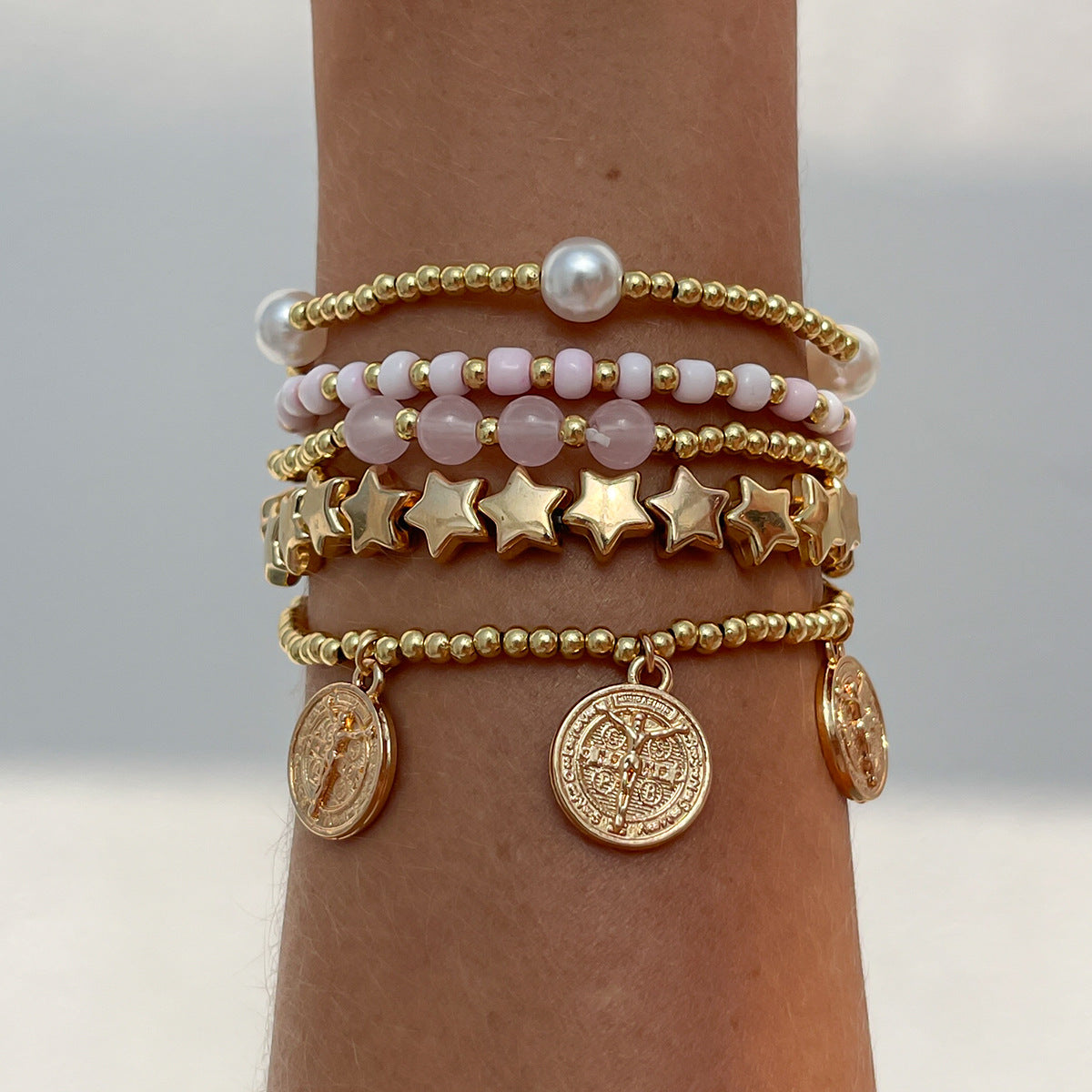 Pulsera de aleación electrochapada con forma de estrella, estilo vintage minimalista, con imitación de perla y borlas