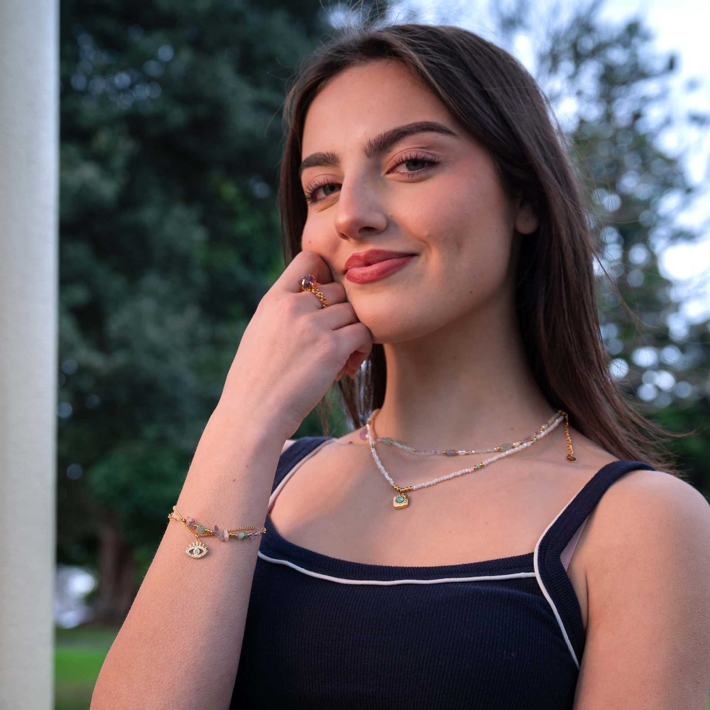 Bracciale alla moda in acciaio inossidabile a forma di occhio con intarsio di zirconi e placcatura in oro 18 carati da donna
