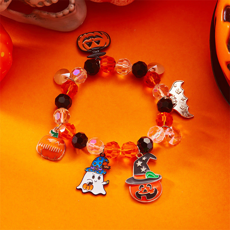 Pulsera de aleación con diseño de gato negro y calavera, temática de Halloween, con cuentas geométricas estilo gótico