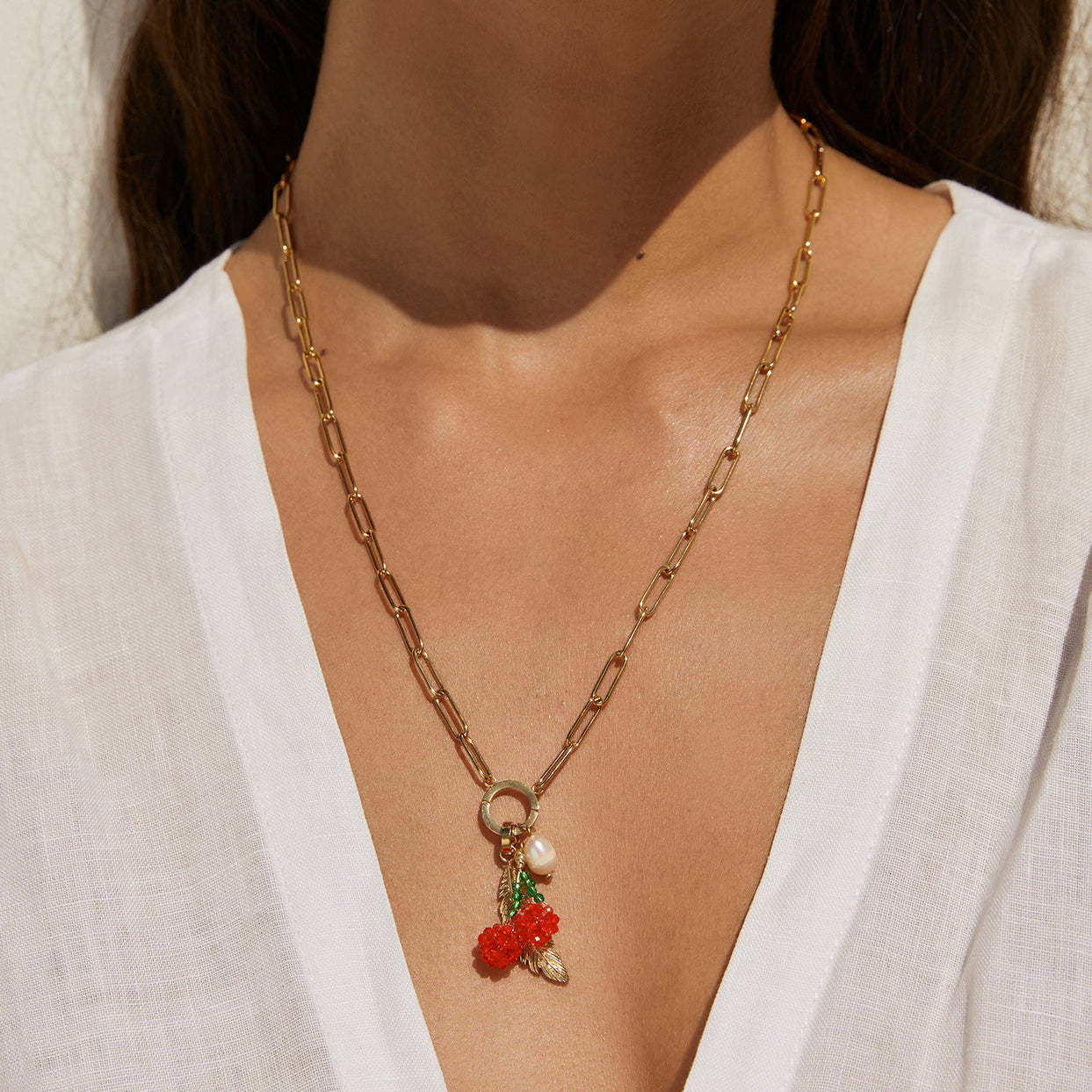 18K Gold Plated Titanium Steel Fruit Pendant Necklace with Cubic Zirconia for Women