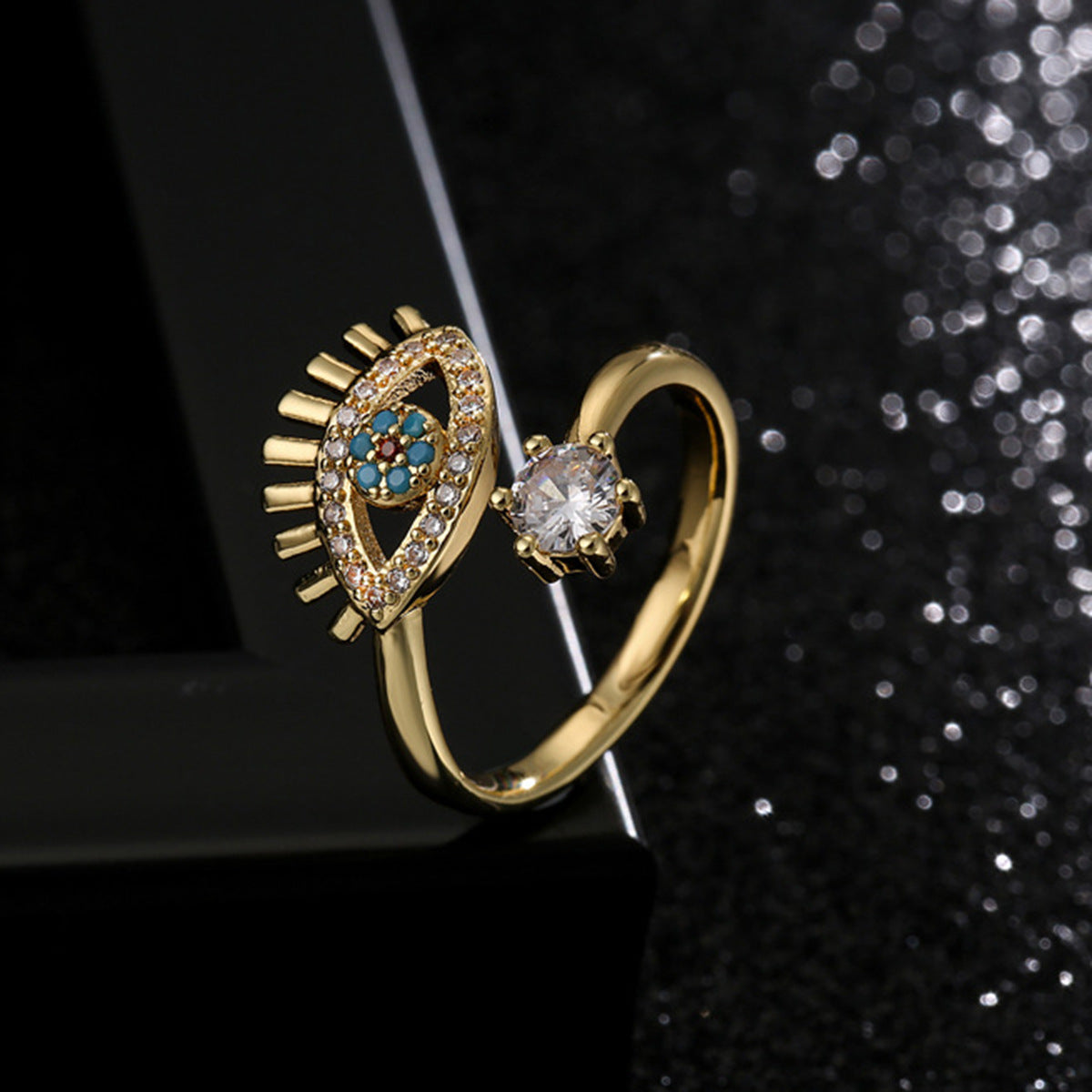 Minimalist 18K Gold Plated Brass Geometric Micro-inlay Cubic Zirconia Evil Eye Ring for Women
