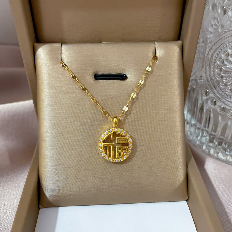 Minimalist Geometric Titanium Steel Necklace with Gold Plated Brass Pendant and Rhinestone Inlay