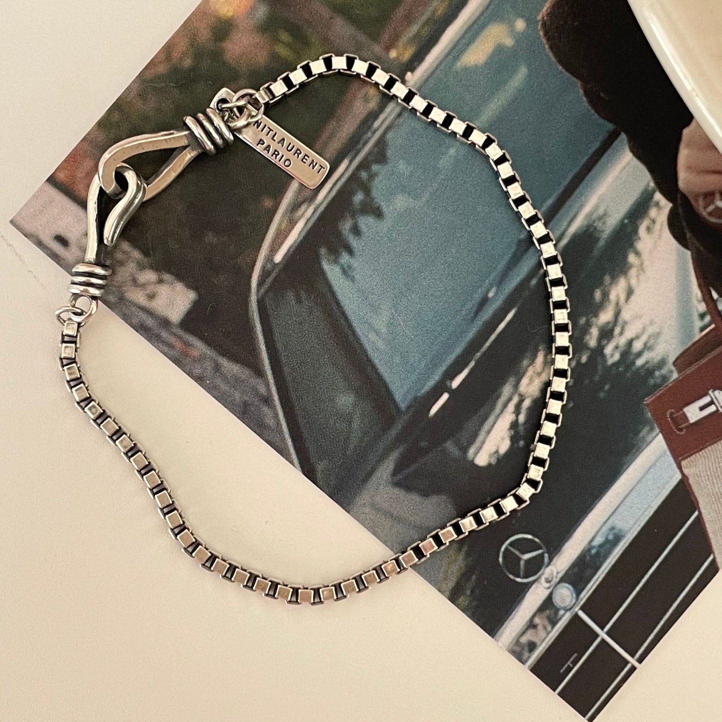 Vintage 925 Sterling Silver Geometric Letter Box Chain Bracelet for Women
