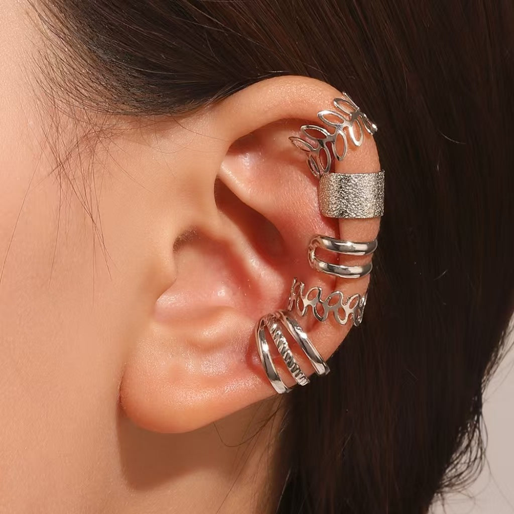 Conjunto de pendientes de clip de aleación con forma de hoja recortada en C vintage para mujer