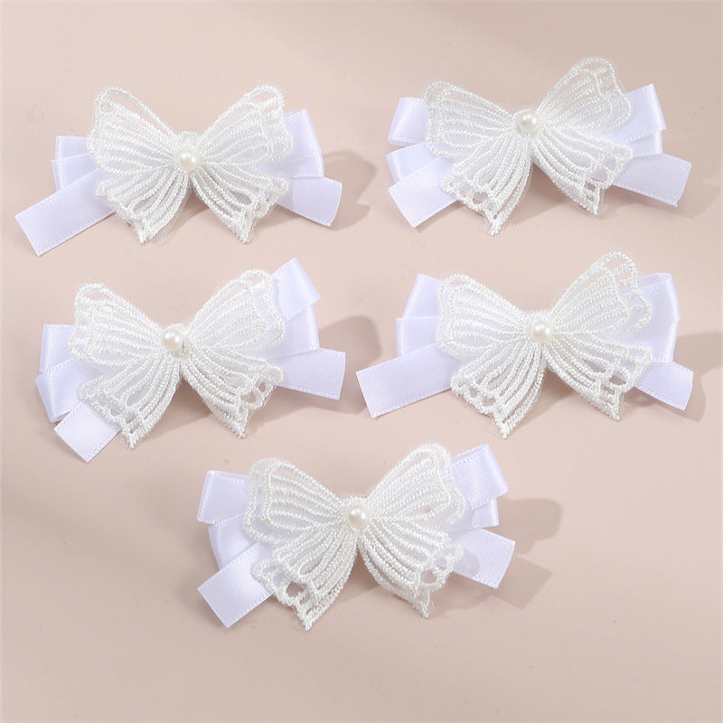 Set de Pinzas de Pelo con Lazos Bordados de Organza Blanca Minimalista para Niñas con Detalles de Perlas