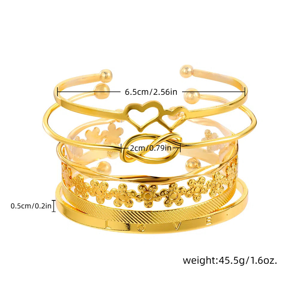 Geometric Heart Knot Flower Alloy Cuff Bracelet Set for Women