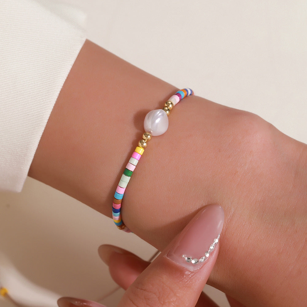 Bohemian Style Adjustable Braided Pearl Beaded Bracelet for Women with Rice Beads and Geometric Design