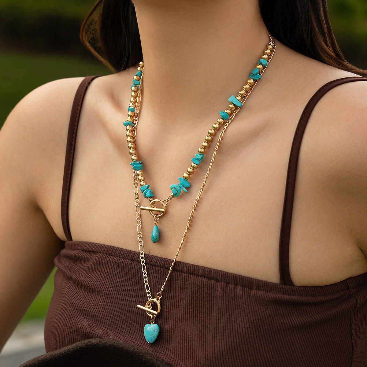 Collana da Donna Punk Geometrica Rotonda con Intarsio Turchese Placcata in Lega Multistrato