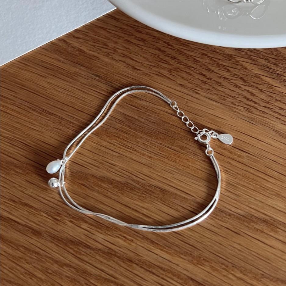 Pulsera minimalista de plata de ley 925 con cadena de serpiente geométrica y perla