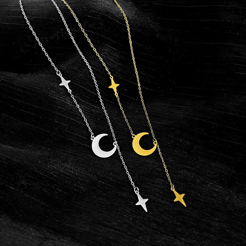 Minimalist Titanium Steel Star and Moon Pendant Necklace with Geometric Flowing Tassels for Women Fashionable Clavicle Chain