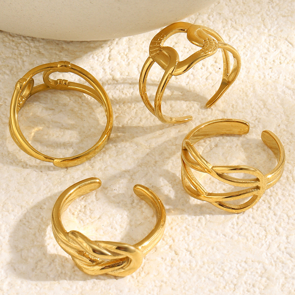 Minimalist 18K Gold Plated Stainless Steel Geometric Double Knot Open Ring for Women