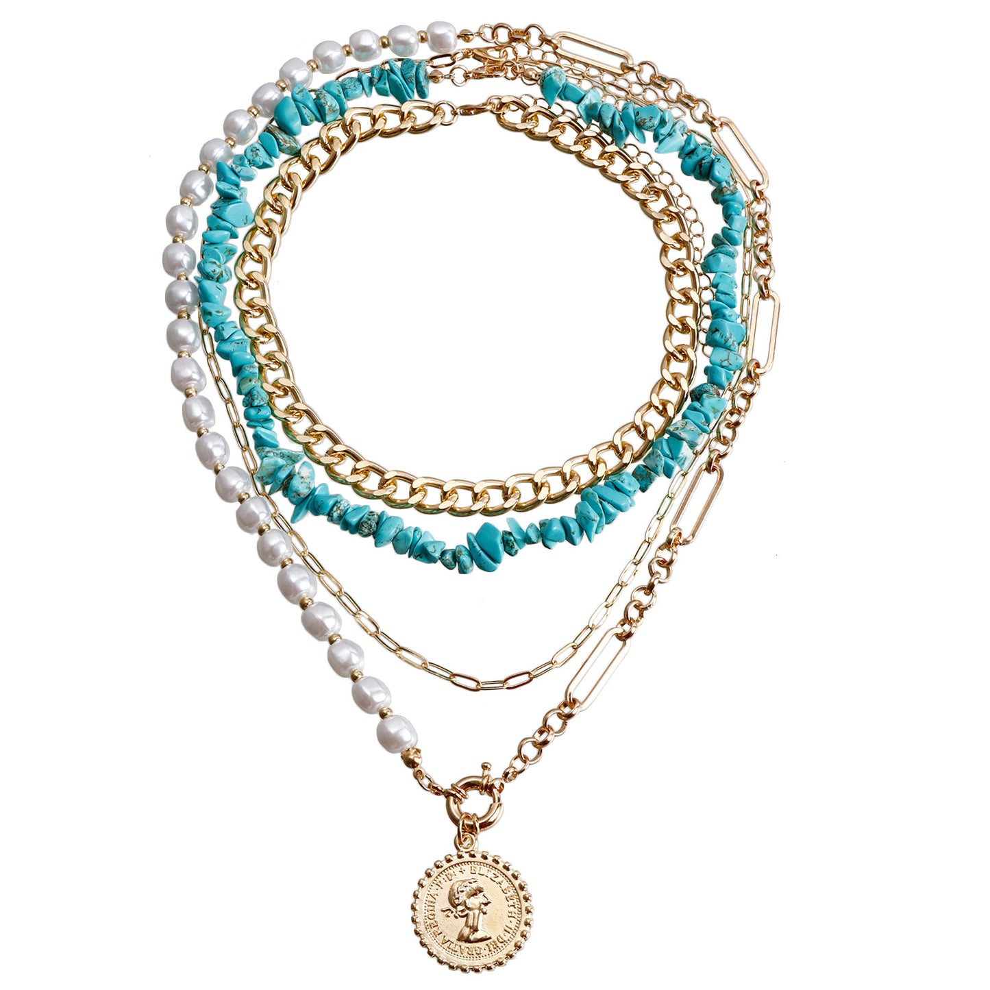 Bohemian Geometric Imitation Pearl Beaded Necklace for Women with Electroplated Alloy Pendant and Clavicle Chain