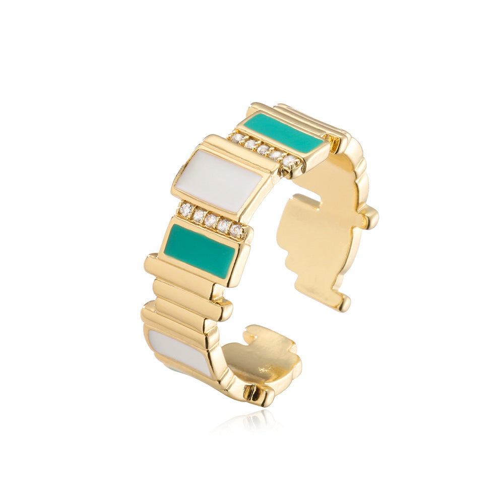 Geometric Open Ring for Women with Copper Base Plated in Real Gold Featuring Zircon Inlay and Enamel Finish