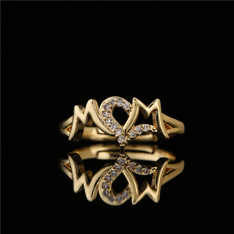 Sweet 18K Gold Plated Geometric Heart Micro-inlaid Brass Ring for Women