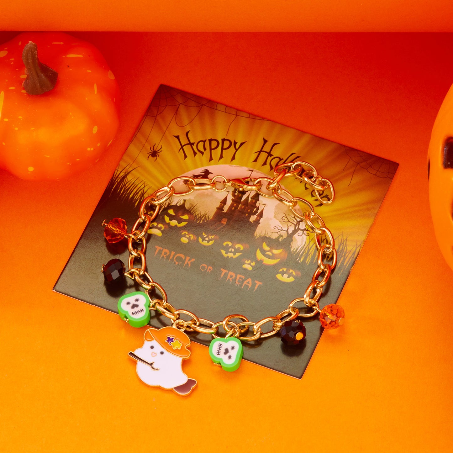 Cartoon-Style Halloween Ghost Pumpkin Bat Multi-Pendant Polymer Clay Bracelet with Plated Alloy