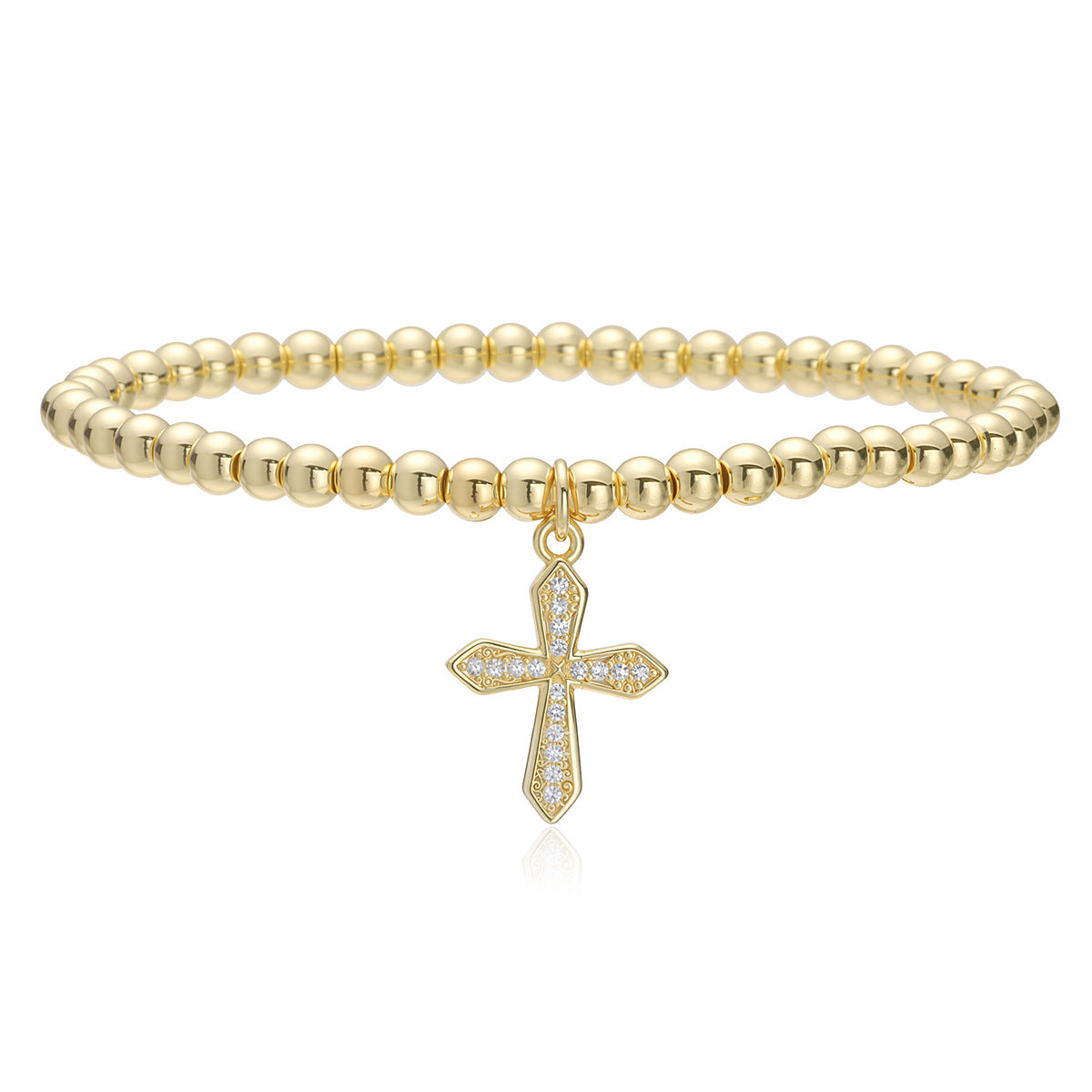 Minimalist 18K Gold Plated Brass Cross Pendant Ball Chain Bracelet with Cubic Zirconia for Women