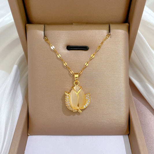 Cartoon Style Tulip-Shaped Titanium Steel Necklace with Genuine Gold Inlay for Women