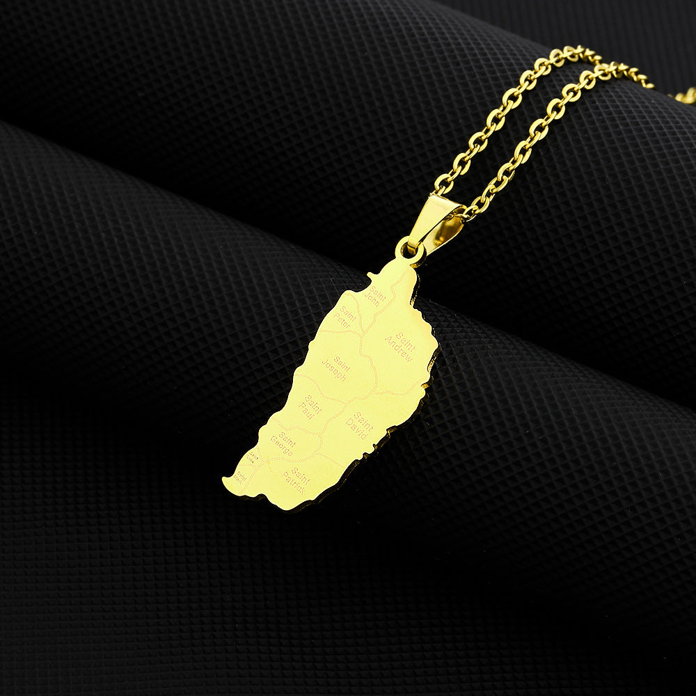 Collar con Colgante Geométrico Étnico de Acero Inoxidable con Diseño del Mapa de la República Dominicana, Dije de Acero de Titanio, Acabado Galvanizado, Cadena tipo O, Unisex