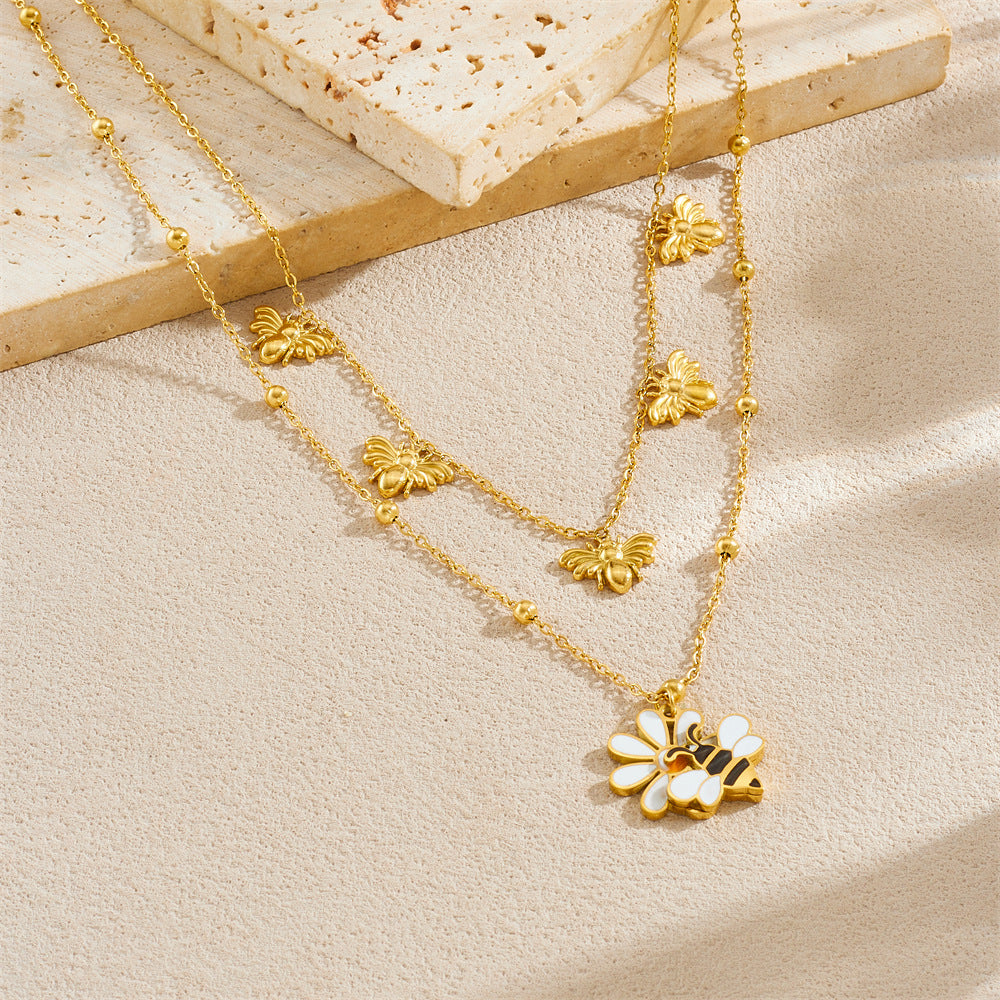 Sweet Drip Oil Floral and Bee Stainless Steel Layered Necklace for Women