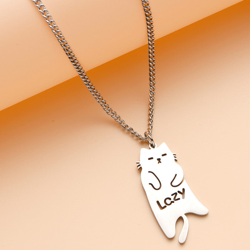Minimalist Geometric Cat Pendant Necklace in Stainless Steel with Polished Titanium Steel Charm for Unisex Everyday Wear