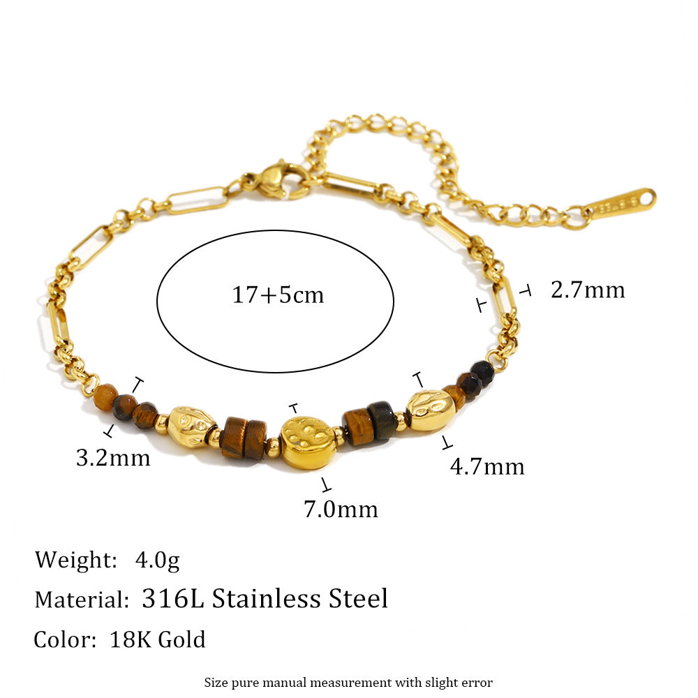 Bracciale da donna in acciaio inossidabile placcato oro 18 carati con geometria retrò minimalista, fatto a mano con pietra naturale