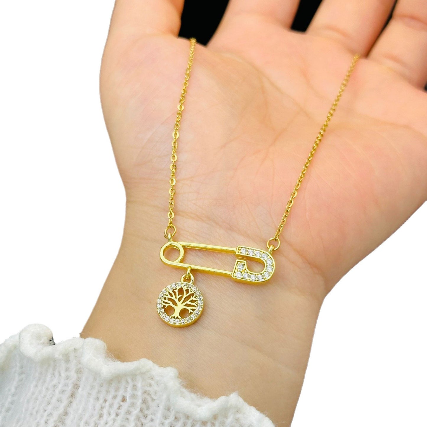 Minimalist Double Layer Tree Pendant Necklace 18K Gold Plated Titanium Steel O-Chain for Women