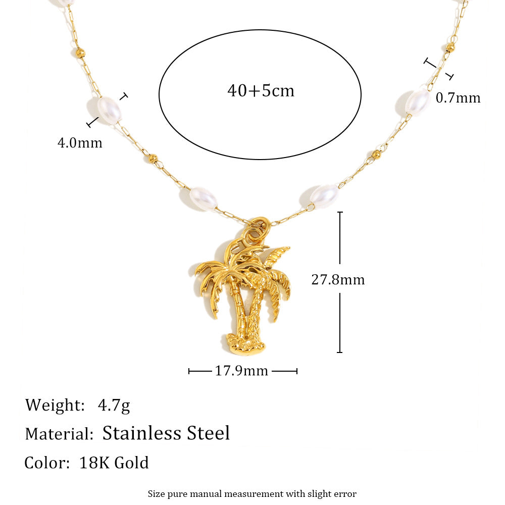 Collana con Pendente ad Albero di Cocco Tropicale alla Moda da Donna in Acciaio Inossidabile con Placcatura in Oro 18 carati e Accenti di Perle Simulate