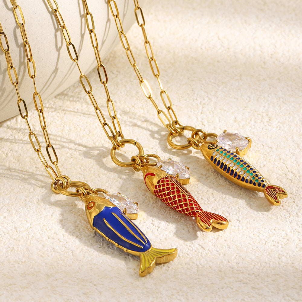 Elegant Luxury 18K Gold Plated Stainless Steel Drip Oil Fish Pendant Necklace with Cubic Zirconia for Women