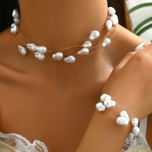 Conjunto de collar y pulsera de perlas estilo geométrico para mujer con cuentas de perlas de imitación y artesanía de incrustación